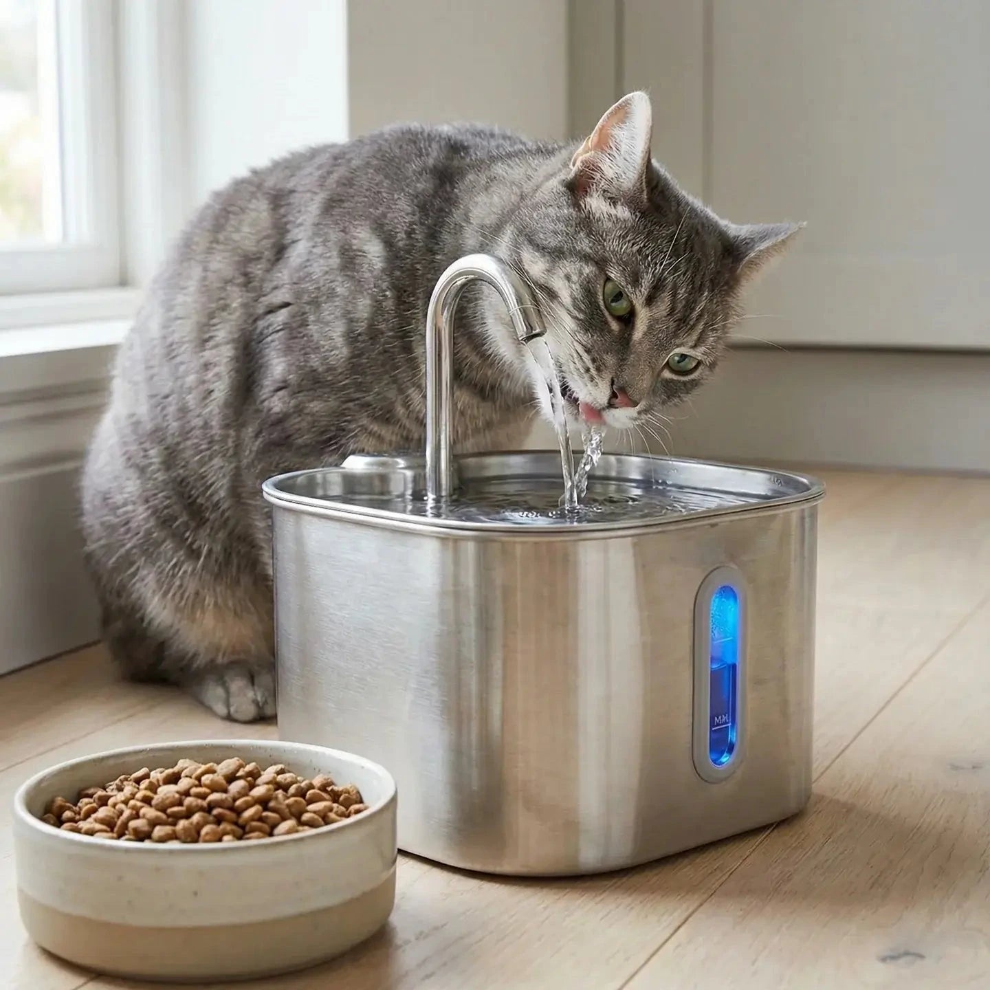 Cat drinking water from a Pawrify stainless steel pet fountain on a wooden floor.