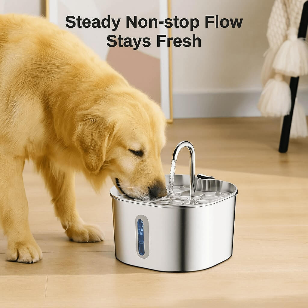 Dog drinking from a Pawrify stainless steel pet water fountain on a wooden floor.