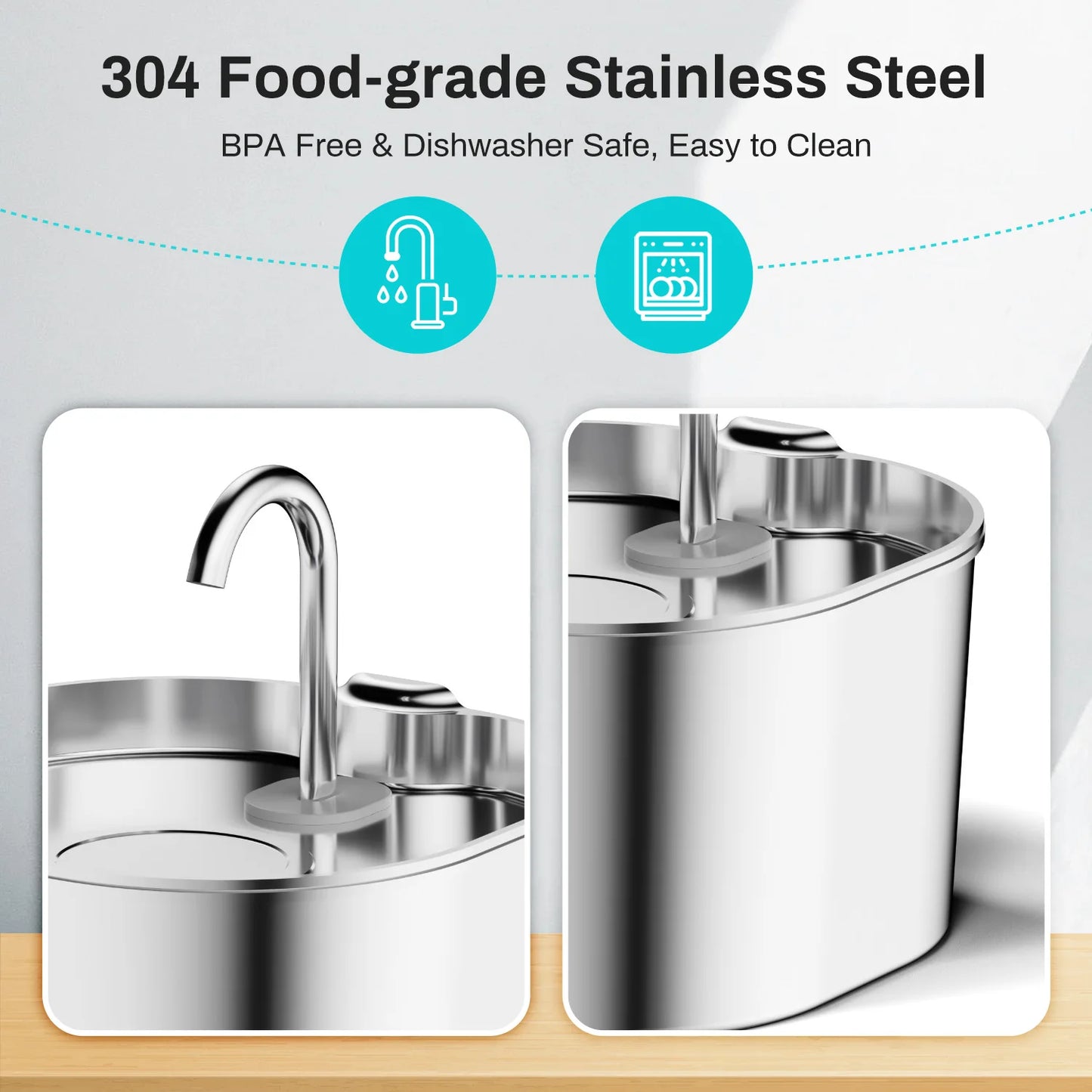 304 food-grade Pawrify stainless steel pet water fountain with features highlighted on a light gray background