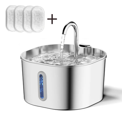 Pawrify stainless steel pet water fountain with water flowing, accompanied by four filter cartridges on a white background.