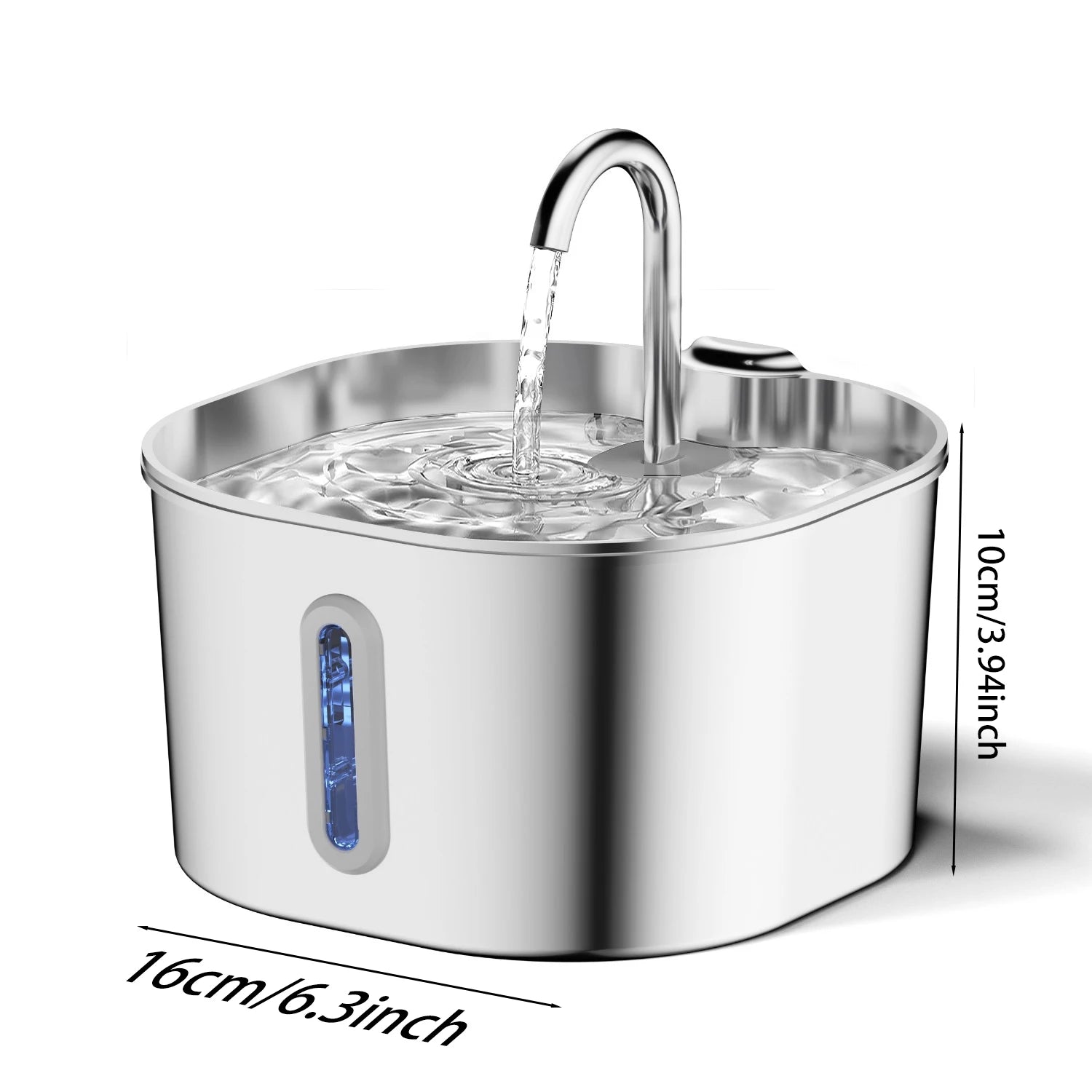Pawrify stainless steel pet water fountain with water flowing, shown on a white background.