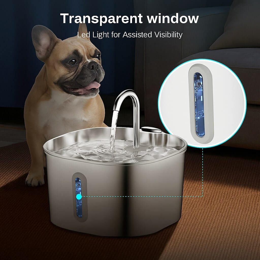 Pawrify stainless steel pet water fountain with transparent window and LED light, dog sitting next to it.