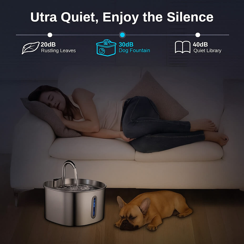Woman sleeping on a couch with a dog next to a pawrify stainless steel pet fountain, emphasizing ultra-quiet operation.
