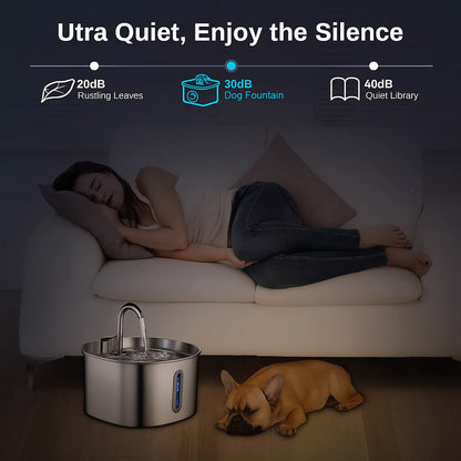 Woman sleeping on a couch with a dog next to a pawrify stainless steel pet fountain, emphasizing ultra-quiet operation.