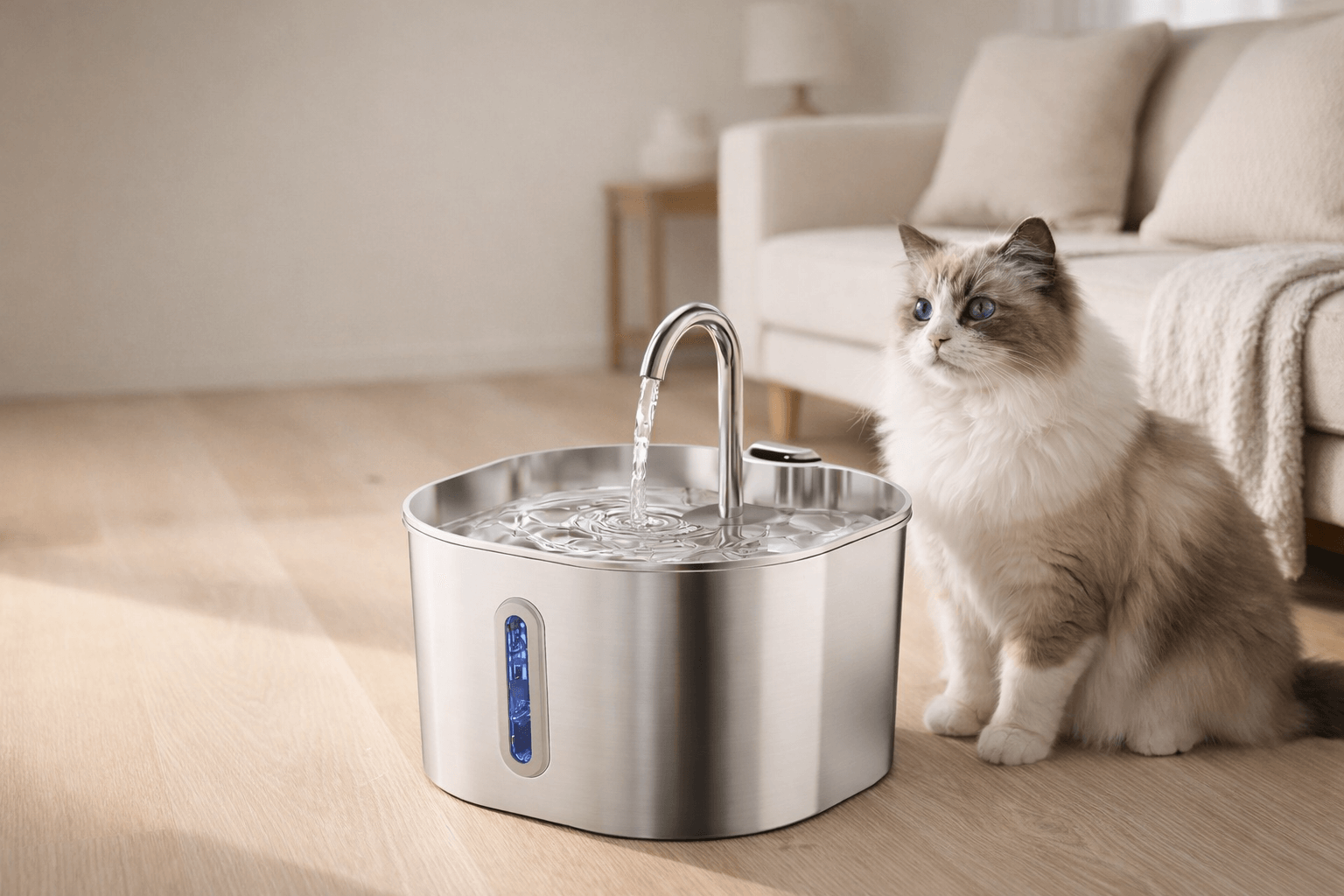 Cat sitting next to a Pawrify stainless steel pet water fountain in a living room.